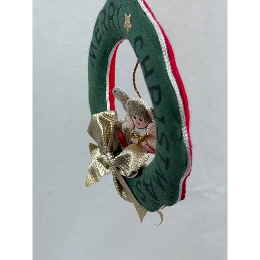 Handmade Vintage Christmas Wreath Ornament Green Red Fabric Angel Gold Bow 3.5